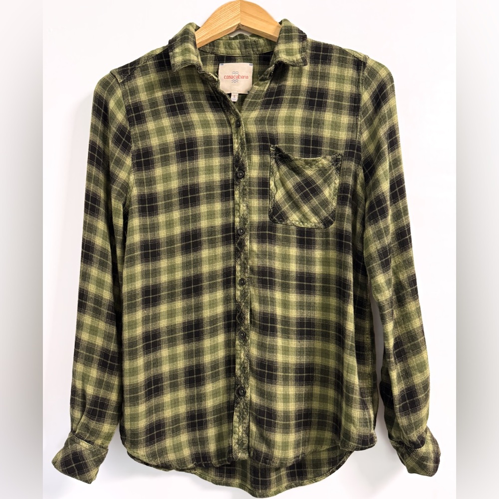 Casacabana Green Black Plaid Rayon Button Down Shirt Women’s S